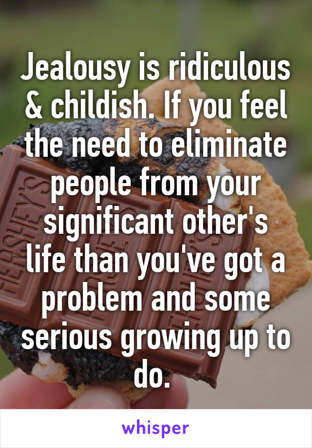 Jealousy is ridiculous & childish. If you feel the need to eliminate people from your significant other's life than you've got a problem and some serious growing up to do. 