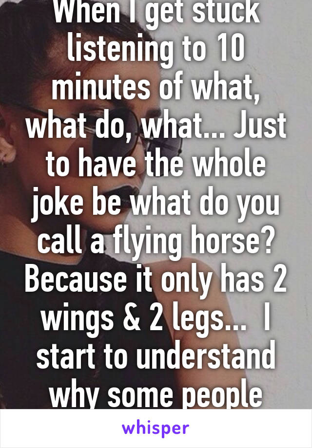 When I get stuck listening to 10 minutes of what, what do, what... Just to have the whole joke be what do you call a flying horse? Because it only has 2 wings & 2 legs...  I start to understand why some people don't like kids...