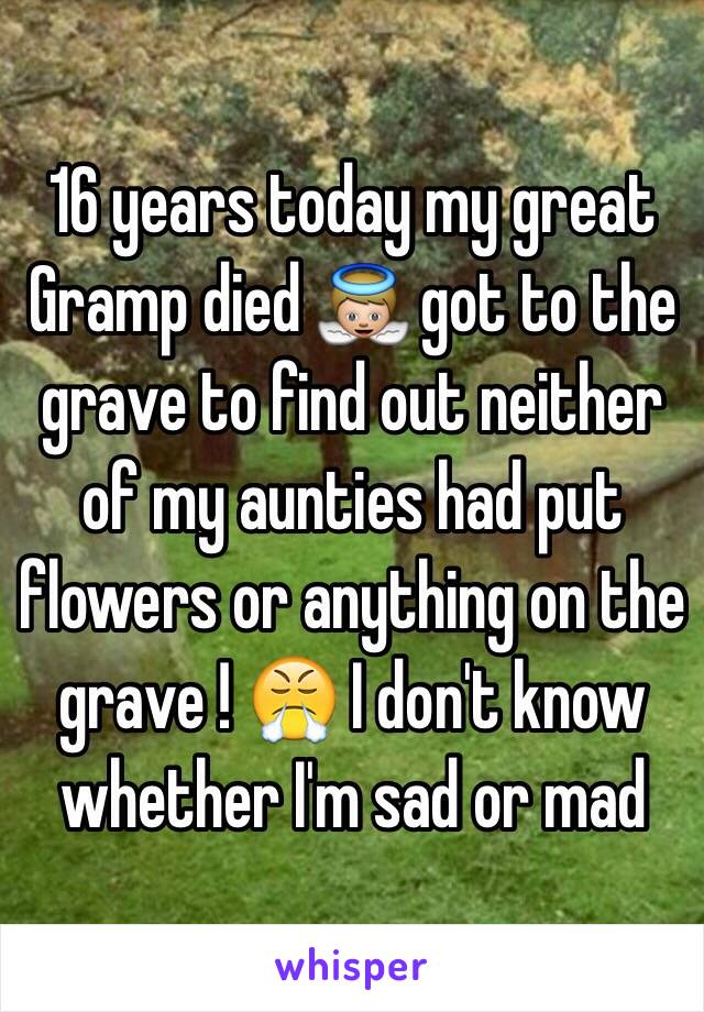 16 years today my great Gramp died 👼 got to the grave to find out neither of my aunties had put flowers or anything on the grave ! 😤 I don't know whether I'm sad or mad 