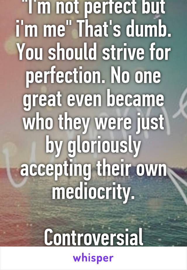 "I'm not perfect but i'm me" That's dumb. You should strive for perfection. No one great even became who they were just by gloriously accepting their own mediocrity.

Controversial opinion #3