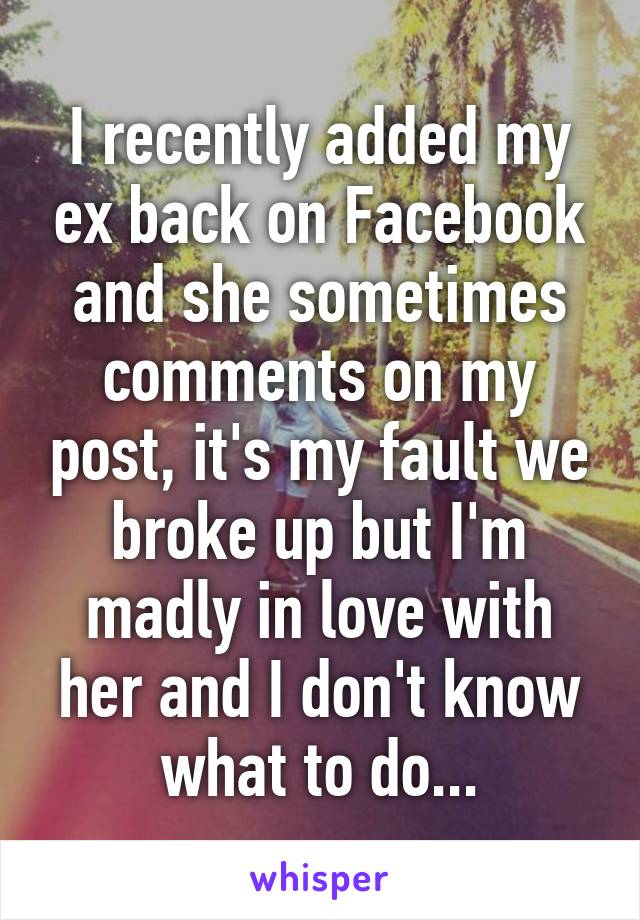 I recently added my ex back on Facebook and she sometimes comments on my post, it's my fault we broke up but I'm madly in love with her and I don't know what to do...