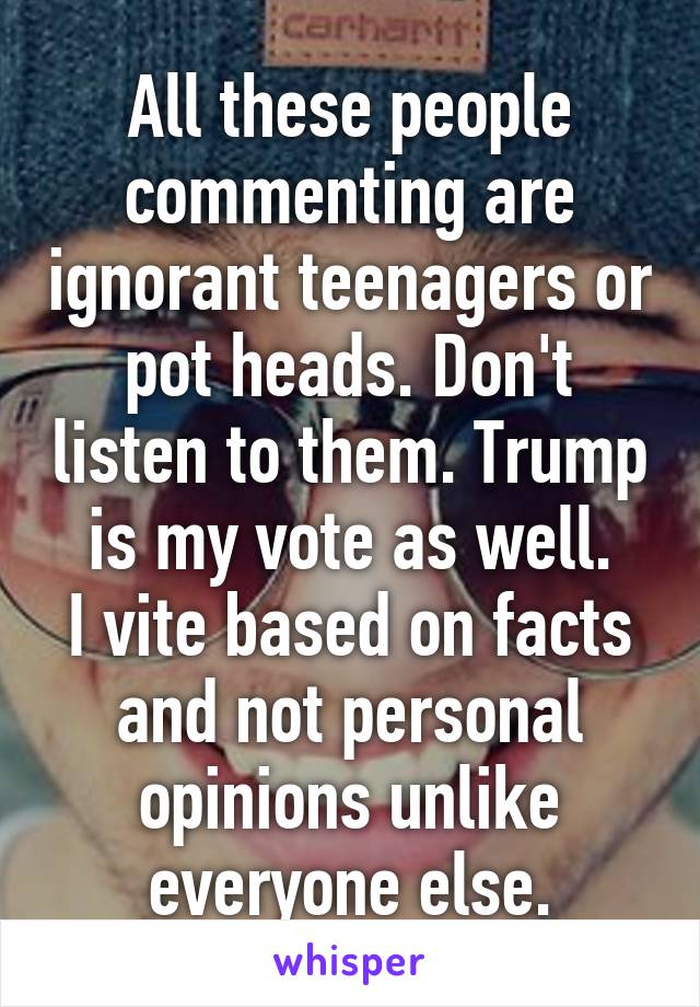 All these people commenting are ignorant teenagers or pot heads. Don't listen to them. Trump is my vote as well.
I vite based on facts and not personal opinions unlike everyone else.