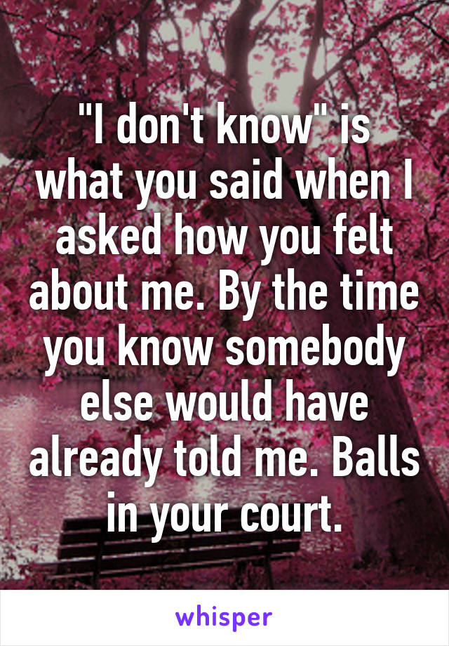 "I don't know" is what you said when I asked how you felt about me. By the time you know somebody else would have already told me. Balls in your court.