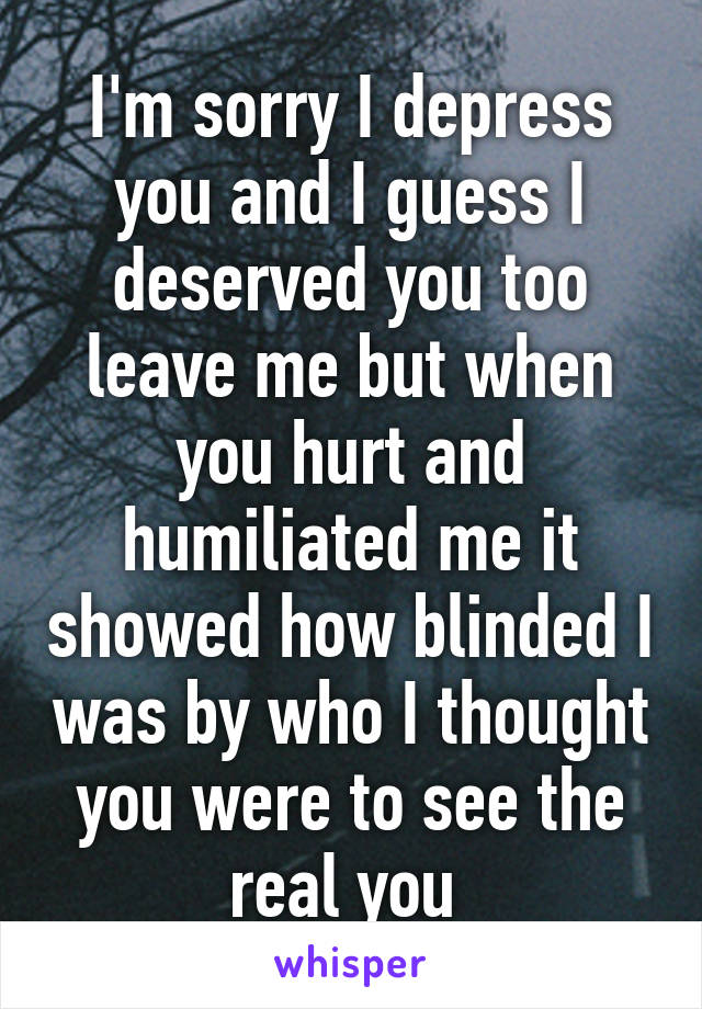 I'm sorry I depress you and I guess I deserved you too leave me but when you hurt and humiliated me it showed how blinded I was by who I thought you were to see the real you 