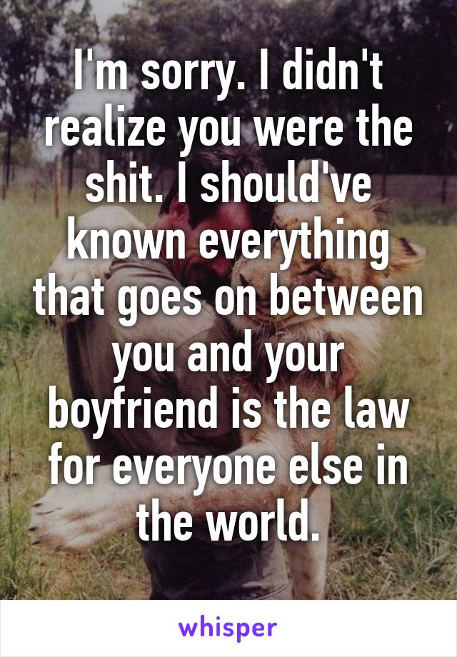 I'm sorry. I didn't realize you were the shit. I should've known everything that goes on between you and your boyfriend is the law for everyone else in the world.
