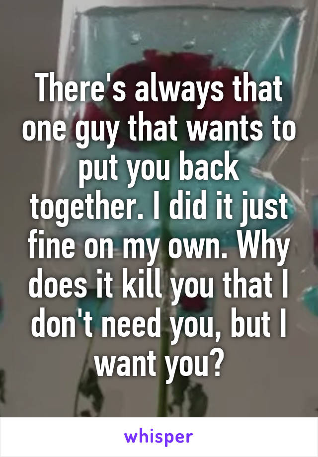 There's always that one guy that wants to put you back together. I did it just fine on my own. Why does it kill you that I don't need you, but I want you?