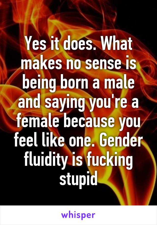 Yes it does. What makes no sense is being born a male and saying you're a female because you feel like one. Gender fluidity is fucking stupid