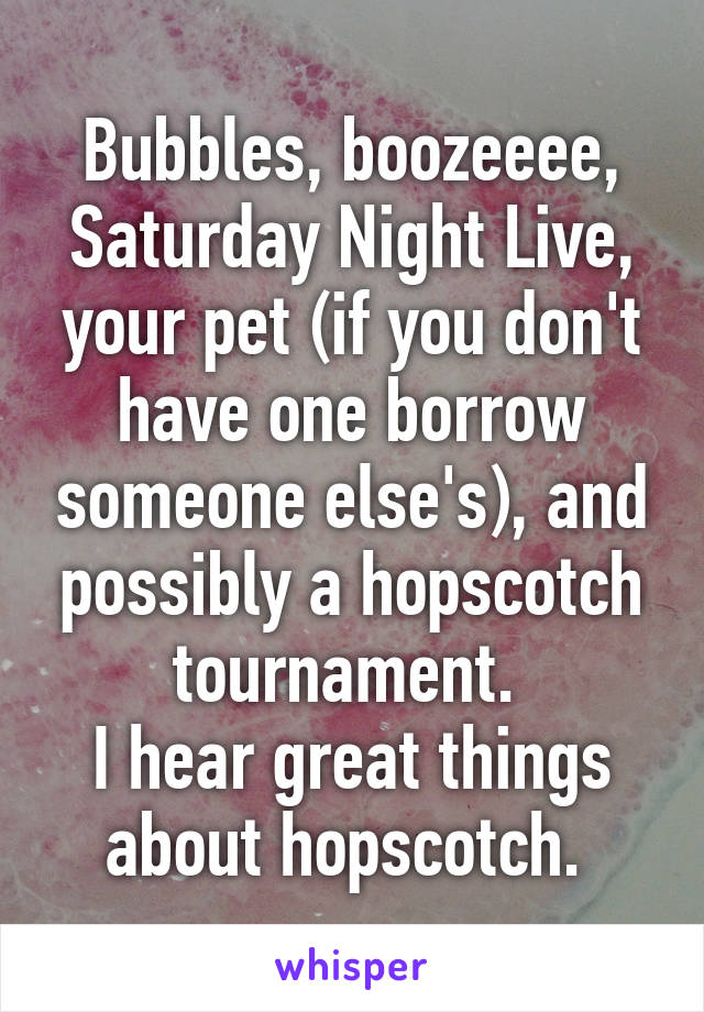 Bubbles, boozeeee, Saturday Night Live, your pet (if you don't have one borrow someone else's), and possibly a hopscotch tournament. 
I hear great things about hopscotch. 