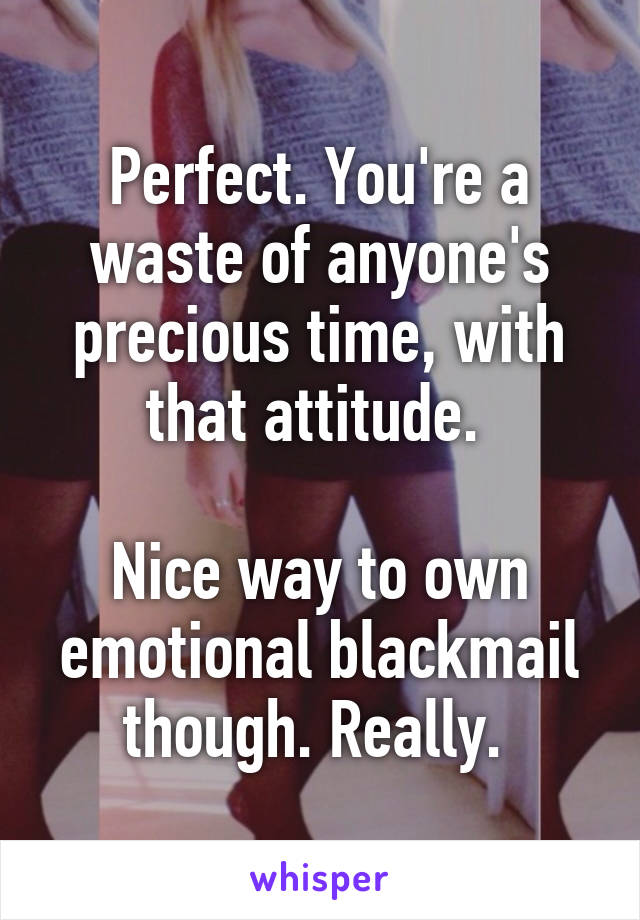 Perfect. You're a waste of anyone's precious time, with that attitude. 

Nice way to own emotional blackmail though. Really. 