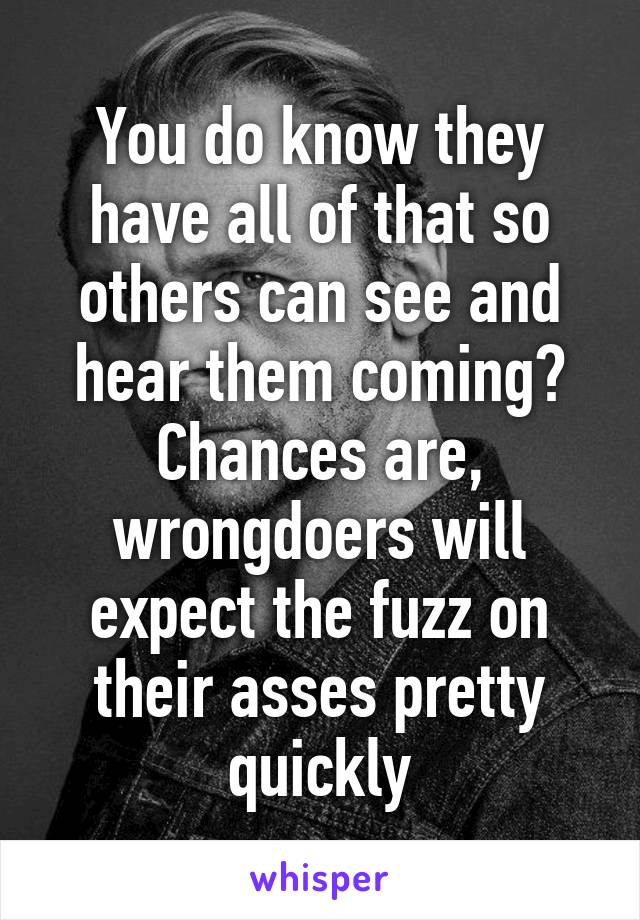 You do know they have all of that so others can see and hear them coming? Chances are, wrongdoers will expect the fuzz on their asses pretty quickly