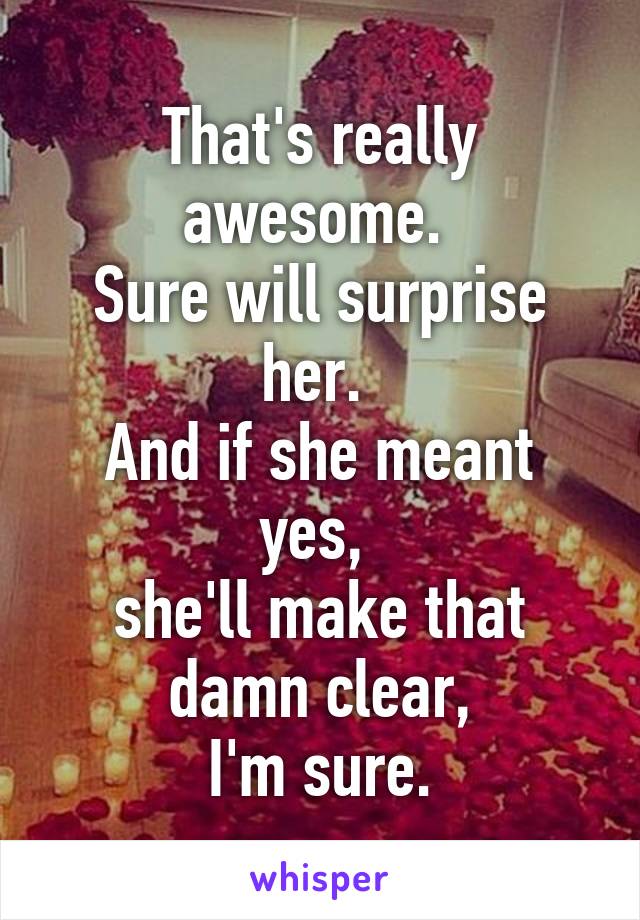 That's really awesome. 
Sure will surprise her. 
And if she meant yes, 
she'll make that damn clear,
 I'm sure. 