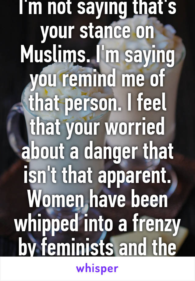 I'm not saying that's your stance on Muslims. I'm saying you remind me of that person. I feel that your worried about a danger that isn't that apparent. Women have been whipped into a frenzy by feminists and the media 