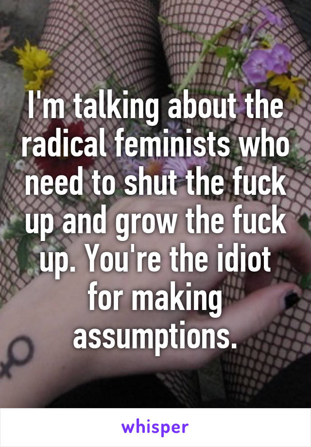 I'm talking about the radical feminists who need to shut the fuck up and grow the fuck up. You're the idiot for making assumptions.