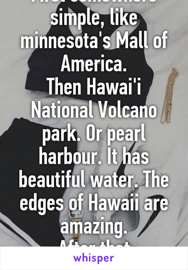 First somewhere simple, like minnesota's Mall of America.
Then Hawai'i National Volcano park. Or pearl harbour. It has beautiful water. The edges of Hawaii are amazing.
After that Disneyland in Florida!