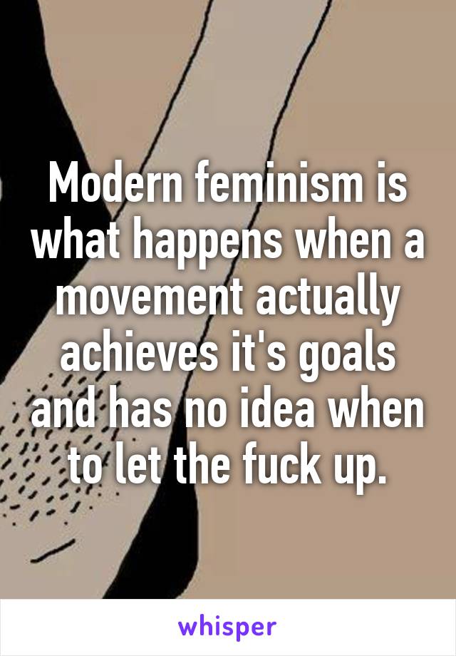 Modern feminism is what happens when a movement actually achieves it's goals and has no idea when to let the fuck up.