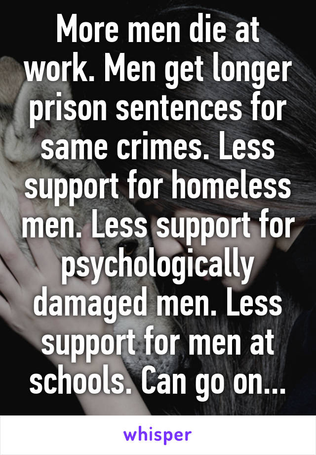 More men die at work. Men get longer prison sentences for same crimes. Less support for homeless men. Less support for psychologically damaged men. Less support for men at schools. Can go on...
