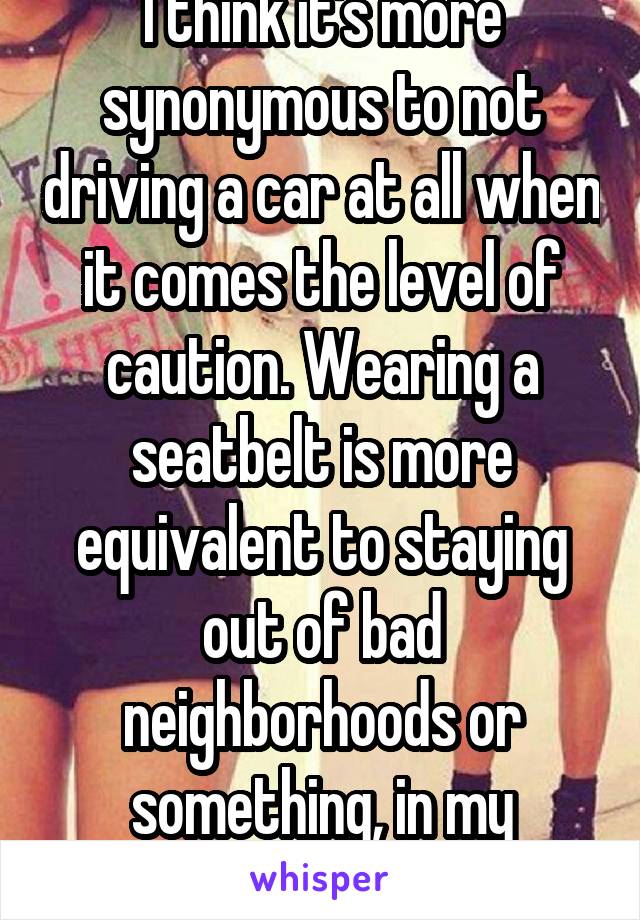 I think it's more synonymous to not driving a car at all when it comes the level of caution. Wearing a seatbelt is more equivalent to staying out of bad neighborhoods or something, in my opinion. 