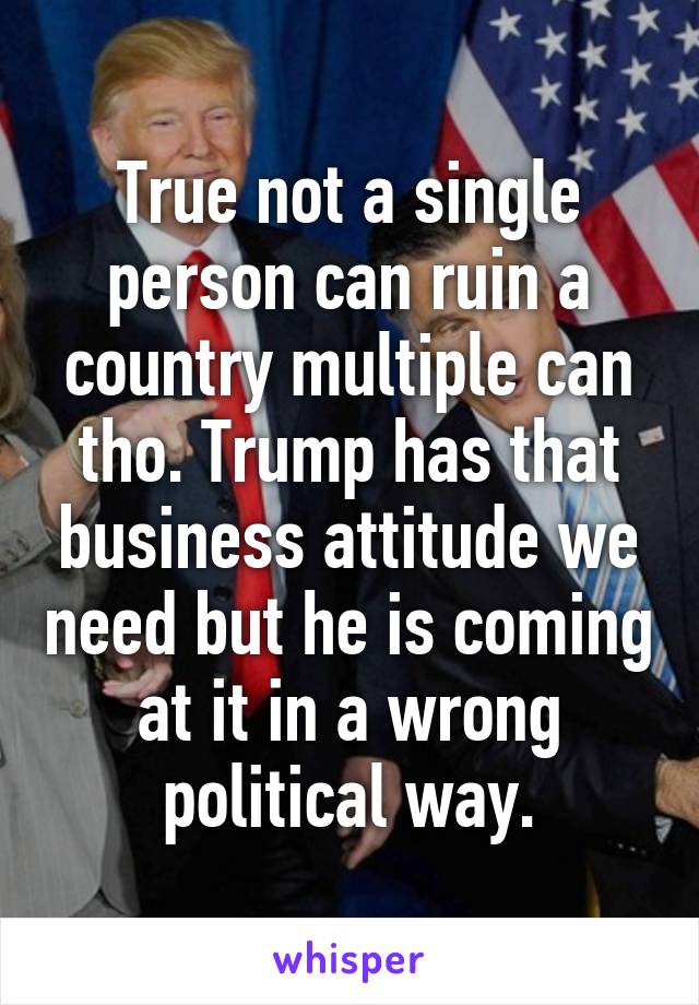 True not a single person can ruin a country multiple can tho. Trump has that business attitude we need but he is coming at it in a wrong political way.