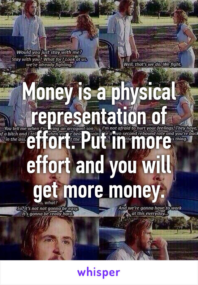 Money is a physical representation of effort. Put in more effort and you will get more money.