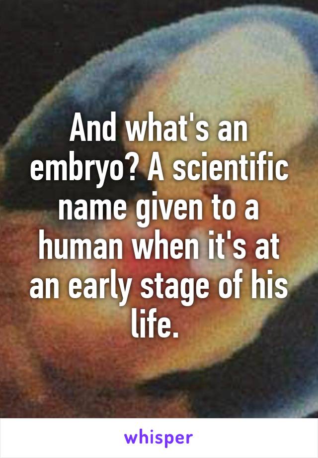 And what's an embryo? A scientific name given to a human when it's at an early stage of his life. 