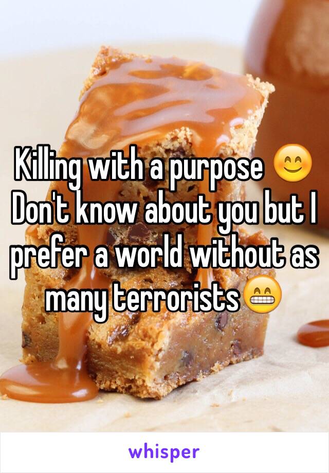 Killing with a purpose 😊
Don't know about you but I prefer a world without as many terrorists😁