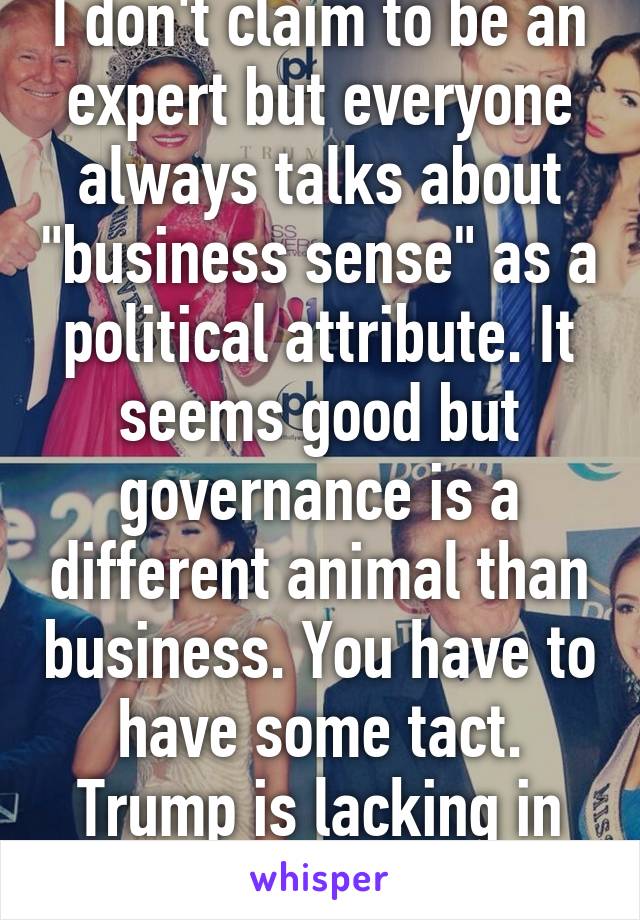 I don't claim to be an expert but everyone always talks about "business sense" as a political attribute. It seems good but governance is a different animal than business. You have to have some tact. Trump is lacking in that area. 