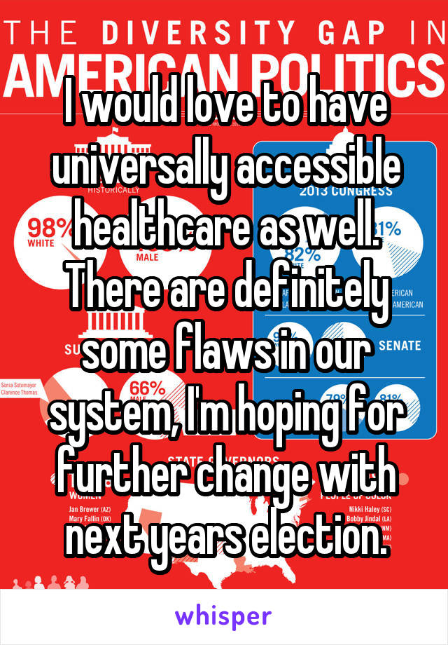 I would love to have universally accessible healthcare as well. There are definitely some flaws in our system, I'm hoping for further change with next years election.