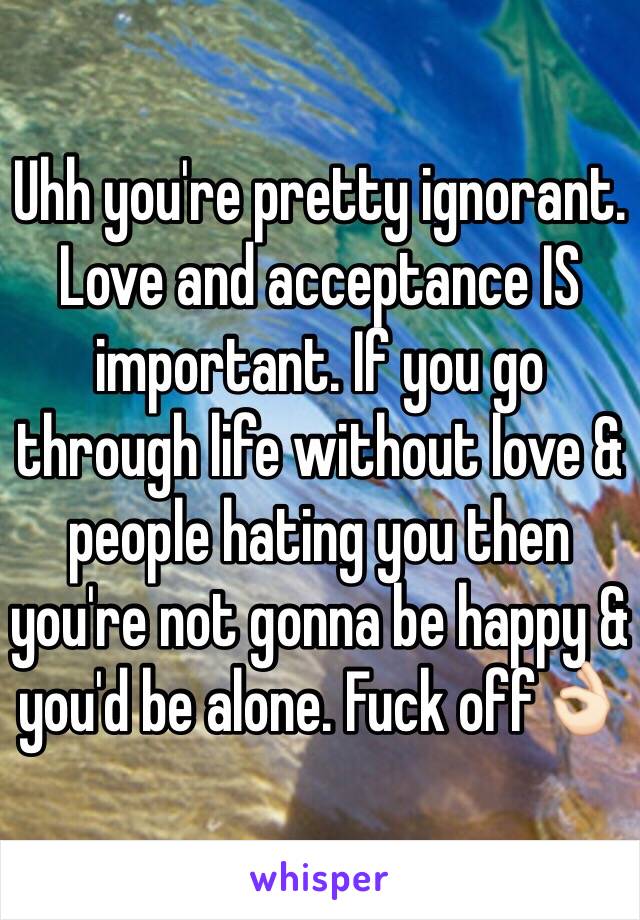 Uhh you're pretty ignorant. Love and acceptance IS important. If you go through life without love & people hating you then you're not gonna be happy & you'd be alone. Fuck off👌🏻