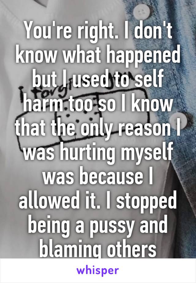 You're right. I don't know what happened but I used to self harm too so I know that the only reason I was hurting myself was because I allowed it. I stopped being a pussy and blaming others