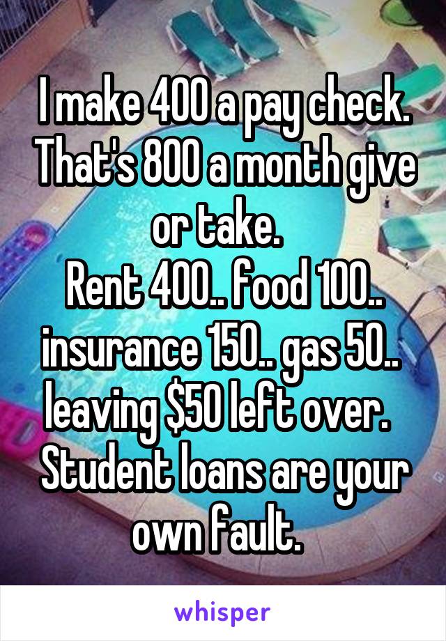 I make 400 a pay check. That's 800 a month give or take.  
Rent 400.. food 100.. insurance 150.. gas 50..  leaving $50 left over.   Student loans are your own fault.  
