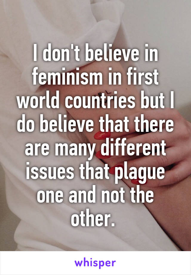 I don't believe in feminism in first world countries but I do believe that there are many different issues that plague one and not the other. 