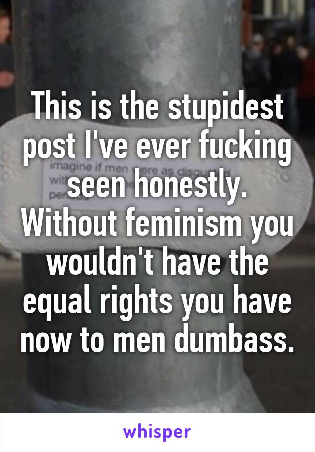 This is the stupidest post I've ever fucking seen honestly. Without feminism you wouldn't have the equal rights you have now to men dumbass.