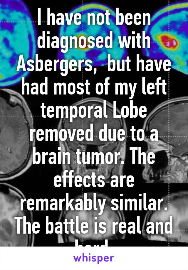 I have not been diagnosed with Asbergers,  but have had most of my left temporal Lobe removed due to a brain tumor. The effects are remarkably similar. The battle is real and hard.