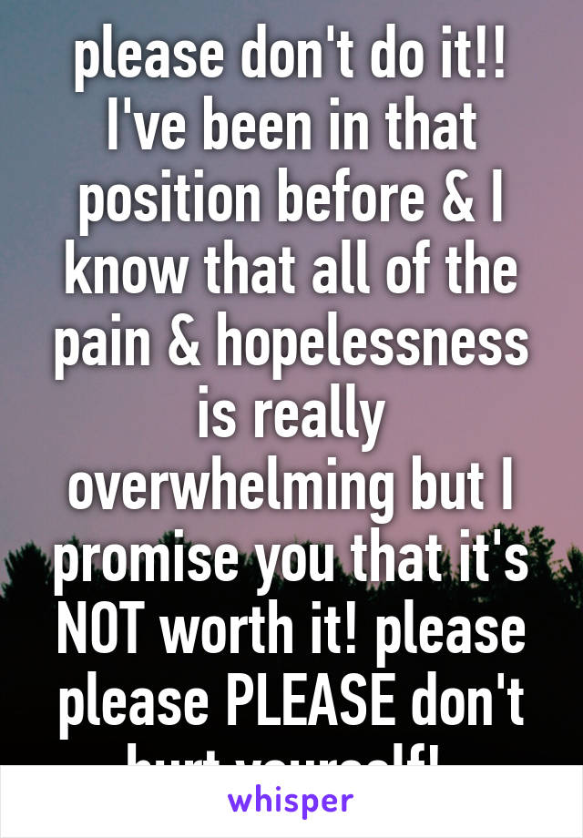 please don't do it!! I've been in that position before & I know that all of the pain & hopelessness is really overwhelming but I promise you that it's NOT worth it! please please PLEASE don't hurt yourself! 