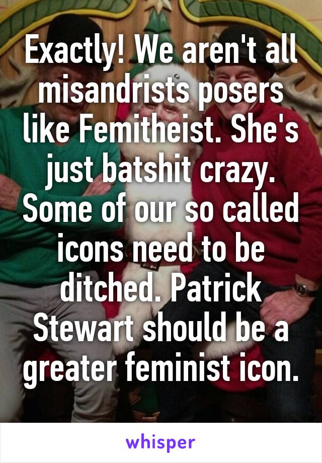 Exactly! We aren't all misandrists posers like Femitheist. She's just batshit crazy. Some of our so called icons need to be ditched. Patrick Stewart should be a greater feminist icon. 