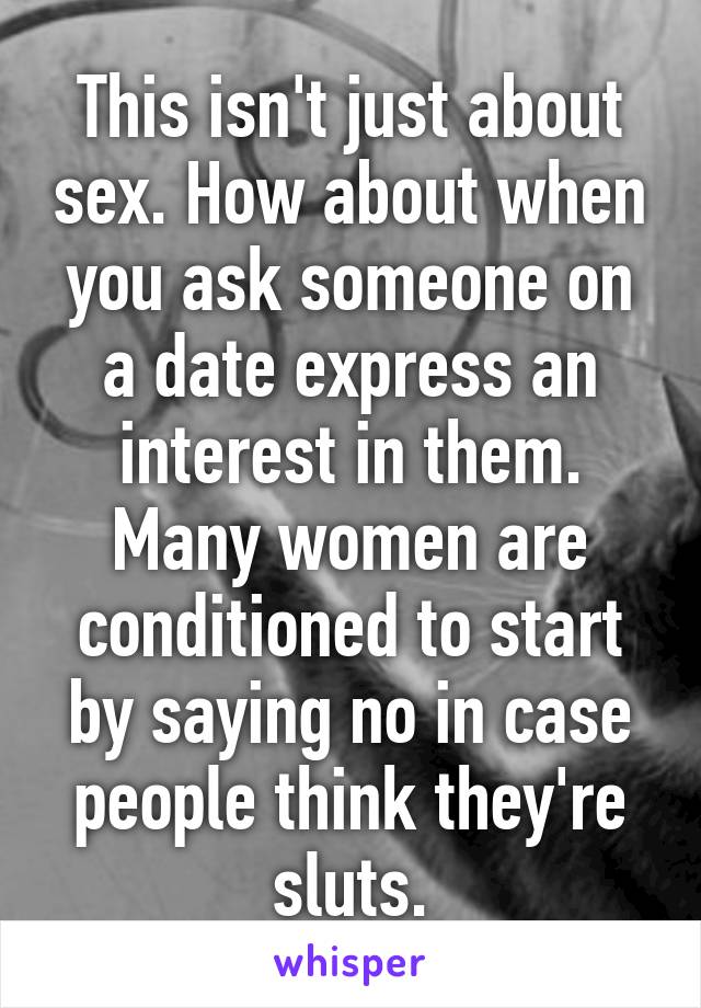 This isn't just about sex. How about when you ask someone on a date express an interest in them.
Many women are conditioned to start by saying no in case people think they're sluts.