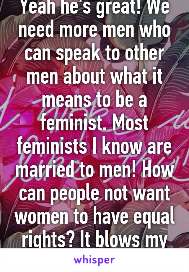 Yeah he's great! We need more men who can speak to other men about what it means to be a feminist. Most feminists I know are married to men! How can people not want women to have equal rights? It blows my mind. It's 2015.