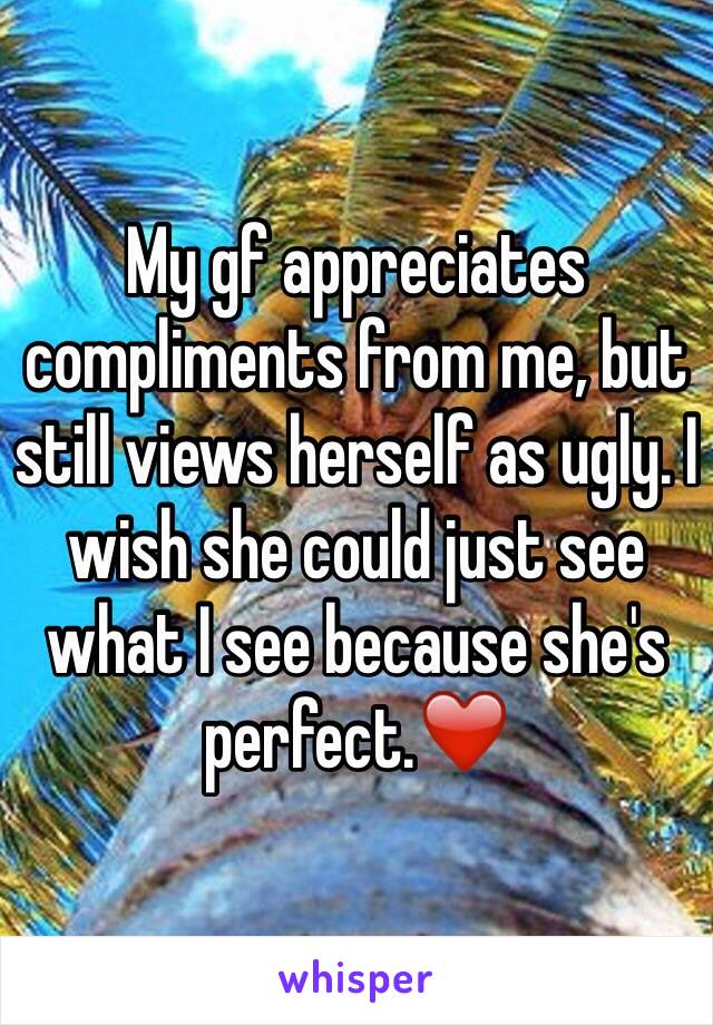 My gf appreciates compliments from me, but still views herself as ugly. I wish she could just see what I see because she's perfect.❤️