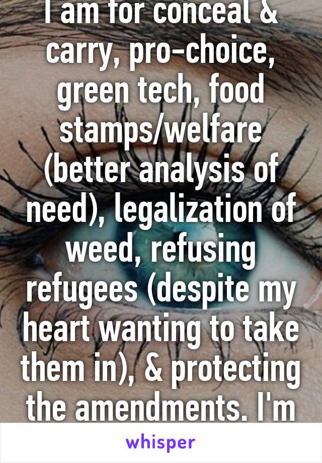 I am for conceal & carry, pro-choice, green tech, food stamps/welfare (better analysis of need), legalization of weed, refusing refugees (despite my heart wanting to take them in), & protecting the amendments. I'm democrat.