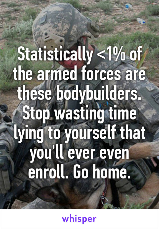 Statistically <1% of the armed forces are these bodybuilders. Stop wasting time lying to yourself that you'll ever even enroll. Go home.