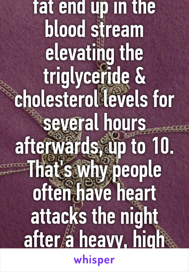 Also, meats and the fat end up in the blood stream elevating the triglyceride & cholesterol levels for several hours afterwards, up to 10. That's why people often have heart attacks the night after a heavy, high protein meat incl meal. 