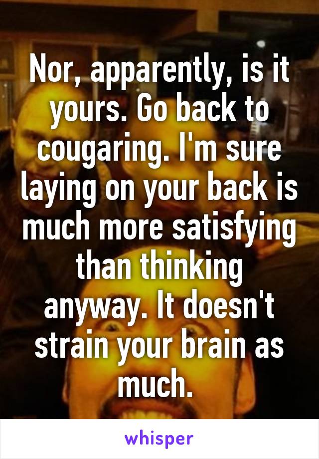 Nor, apparently, is it yours. Go back to cougaring. I'm sure laying on your back is much more satisfying than thinking anyway. It doesn't strain your brain as much. 