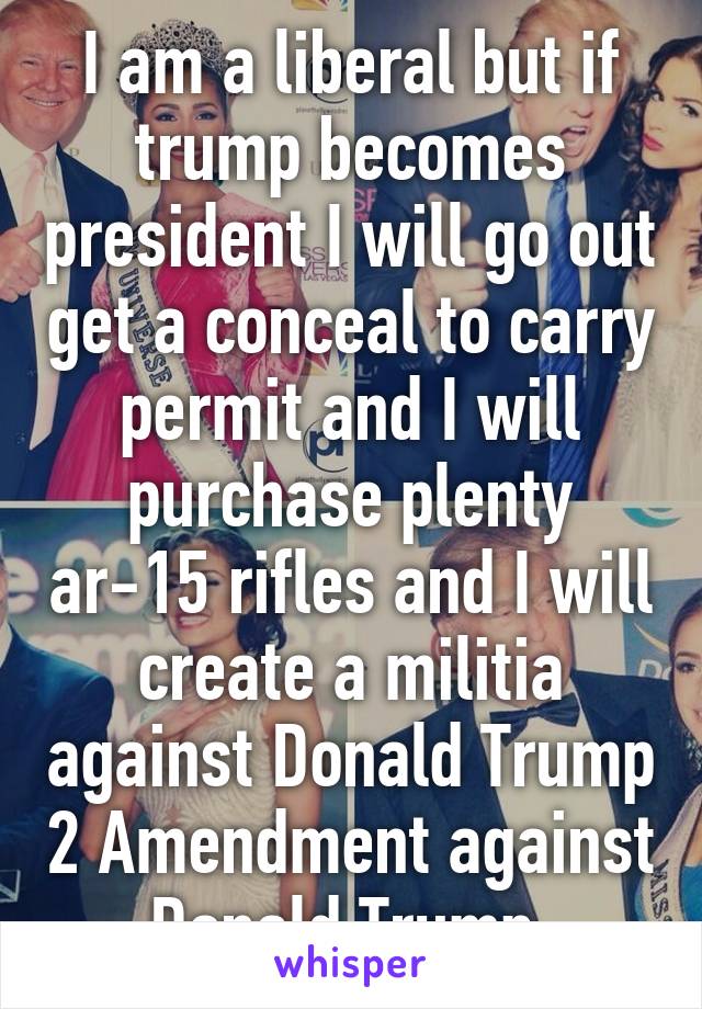 I am a liberal but if trump becomes president I will go out get a conceal to carry permit and I will purchase plenty ar-15 rifles and I will create a militia against Donald Trump 2 Amendment against Donald Trump 