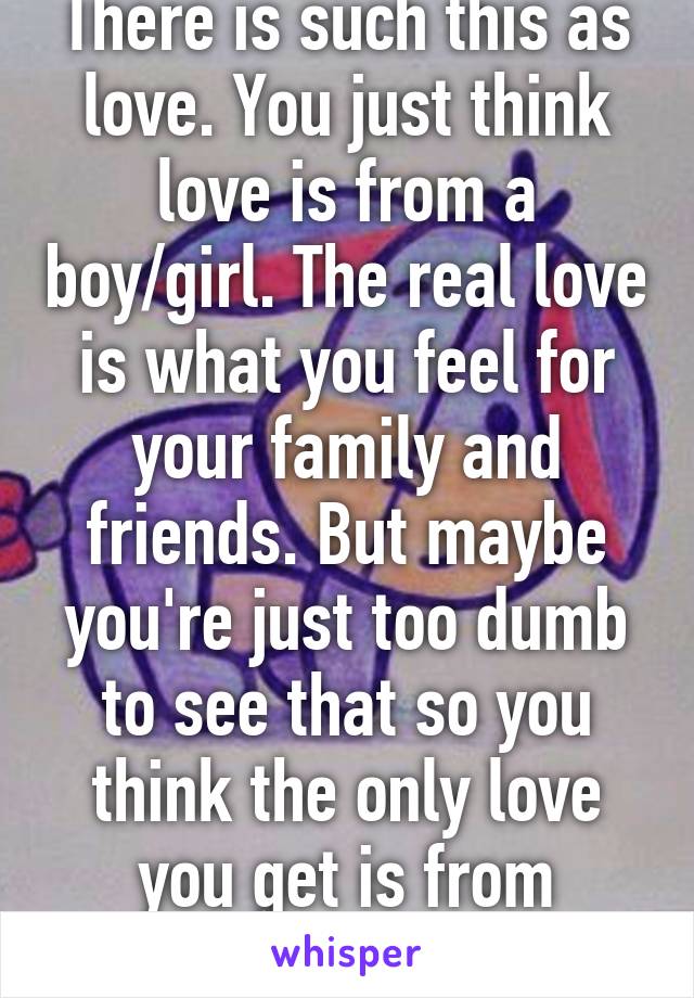 There is such this as love. You just think love is from a boy/girl. The real love is what you feel for your family and friends. But maybe you're just too dumb to see that so you think the only love you get is from relationships.