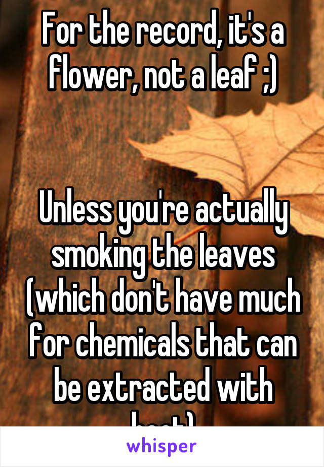 For the record, it's a flower, not a leaf ;)


Unless you're actually smoking the leaves (which don't have much for chemicals that can be extracted with heat)
