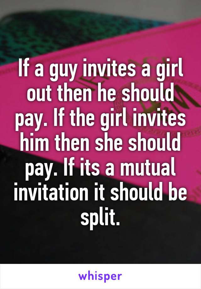 If a guy invites a girl out then he should pay. If the girl invites him then she should pay. If its a mutual invitation it should be split.