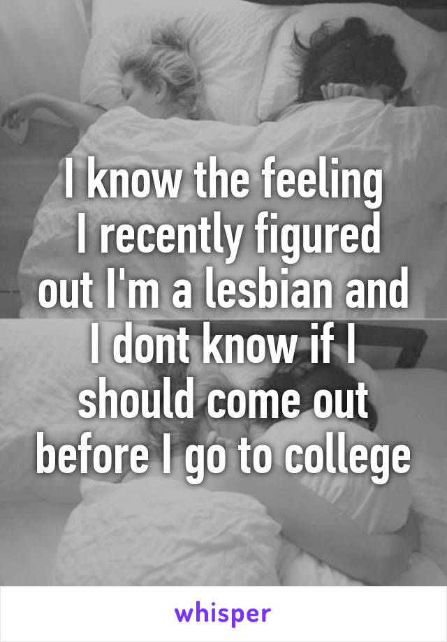 I know the feeling
 I recently figured out I'm a lesbian and I dont know if I should come out before I go to college