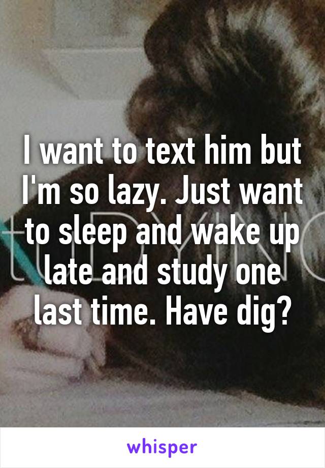 I want to text him but I'm so lazy. Just want to sleep and wake up late and study one last time. Have dig?