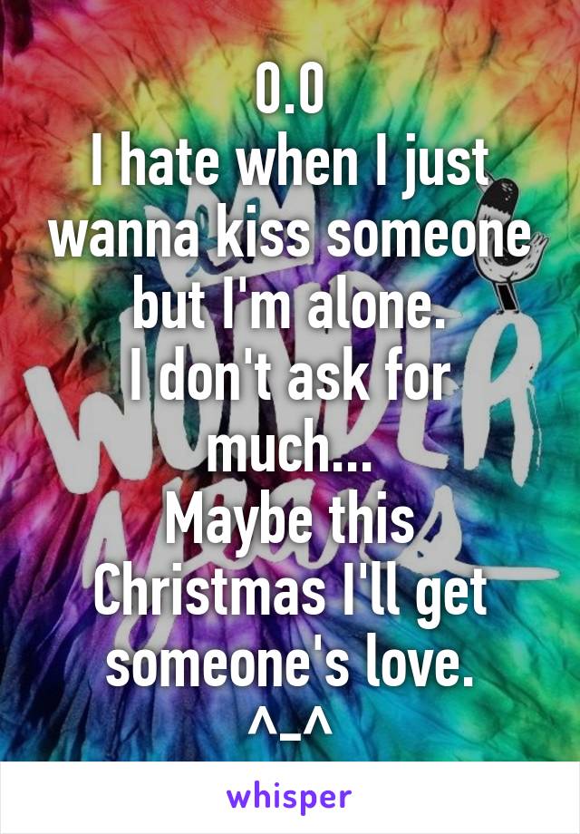 0.0
I hate when I just wanna kiss someone but I'm alone.
I don't ask for much...
Maybe this Christmas I'll get someone's love.
^-^