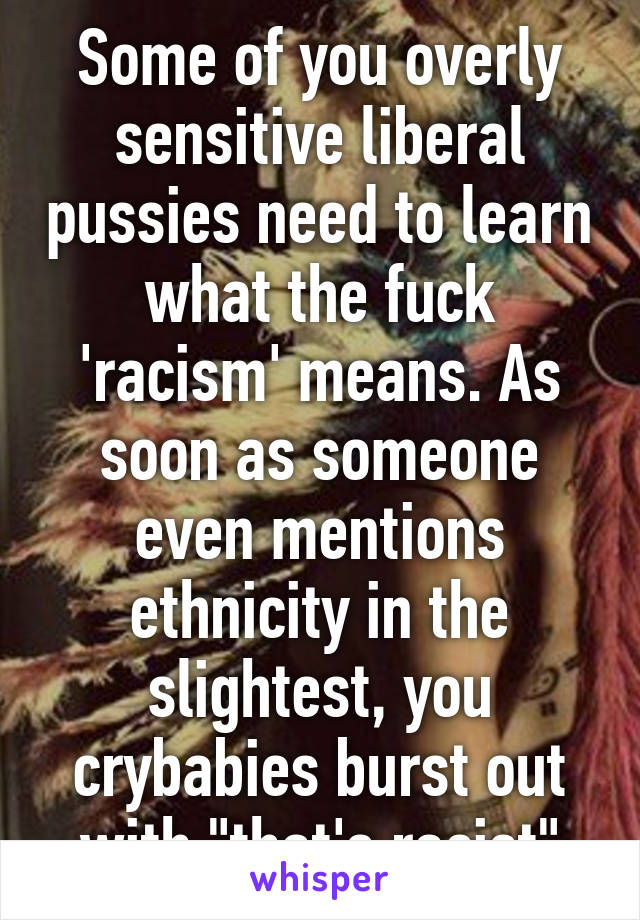 Some of you overly sensitive liberal pussies need to learn what the fuck 'racism' means. As soon as someone even mentions ethnicity in the slightest, you crybabies burst out with "that's racist"
